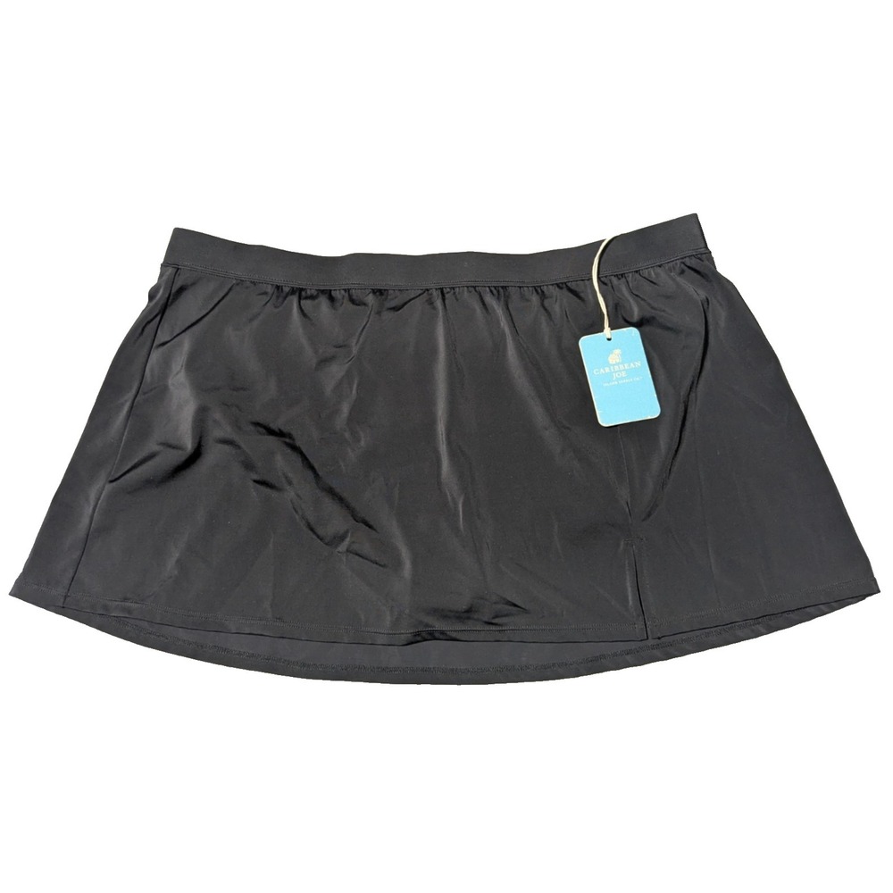 CARIBBEAN JOE Women Plus 24W Black Stretch Nylon Side Slit Lined Swim Skirt NEW‎